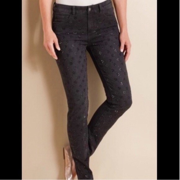Soft Surroundings Rhinestone Front Jeans Womens 10P Black High Rise Skinny Pants - Picture 1 of 11